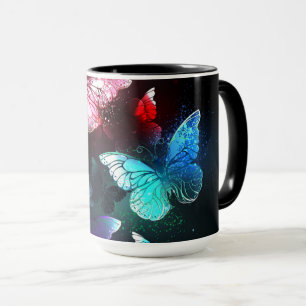 Three Glowing Butterflies on night background Mug