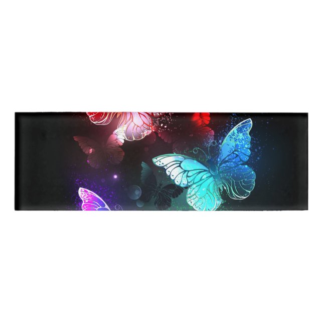 Three Glowing Butterflies on night background Name Tag (Front)