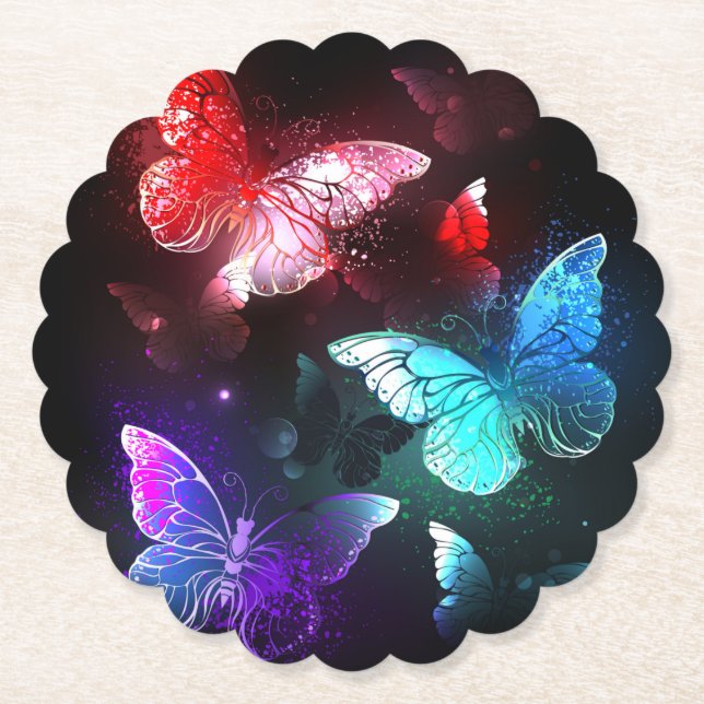 Three Glowing Butterflies on night background Paper Coaster (Front)