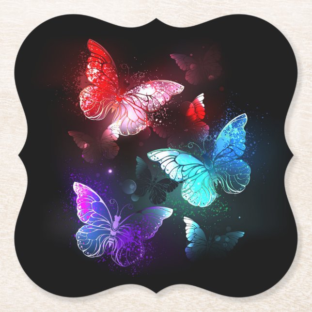 Three Glowing Butterflies on night background Paper Coaster (Front)