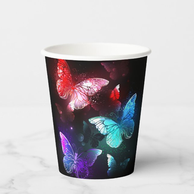 Three Glowing Butterflies on night background Paper Cups (Front)