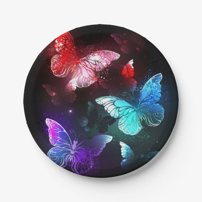 Three Glowing Butterflies on night background Paper Plate (Front)