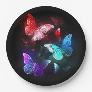 Three Glowing Butterflies on night background Paper Plate
