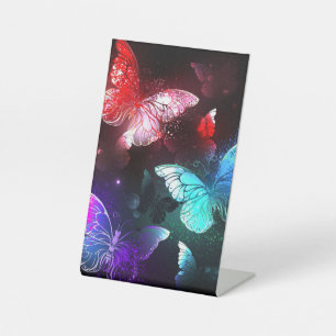 Three Glowing Butterflies on night background Pedestal Sign