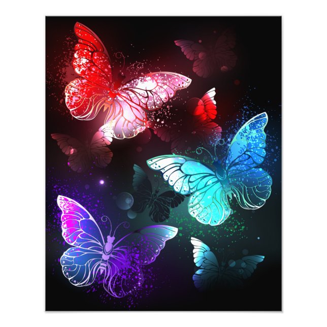 Three Glowing Butterflies on night background Photo Print (Front)