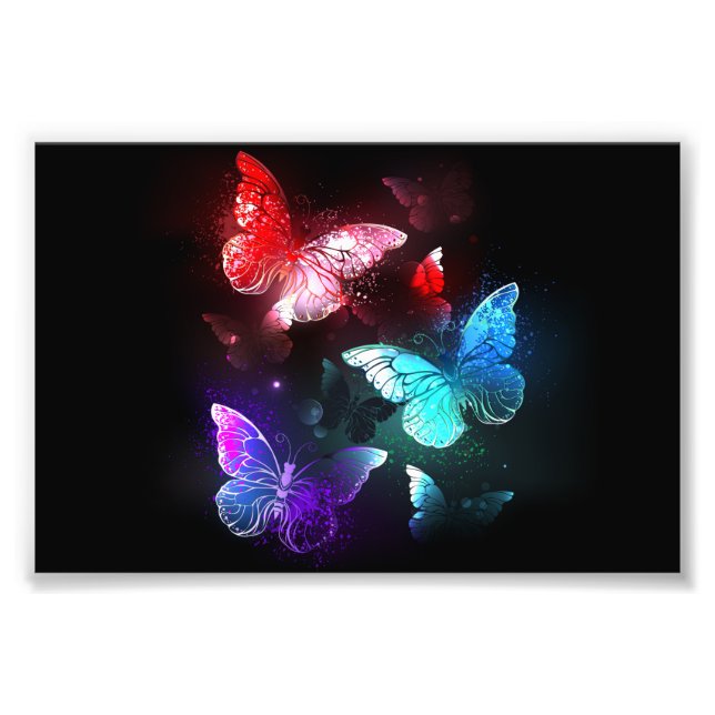 Three Glowing Butterflies on night background Photo Print (Front)