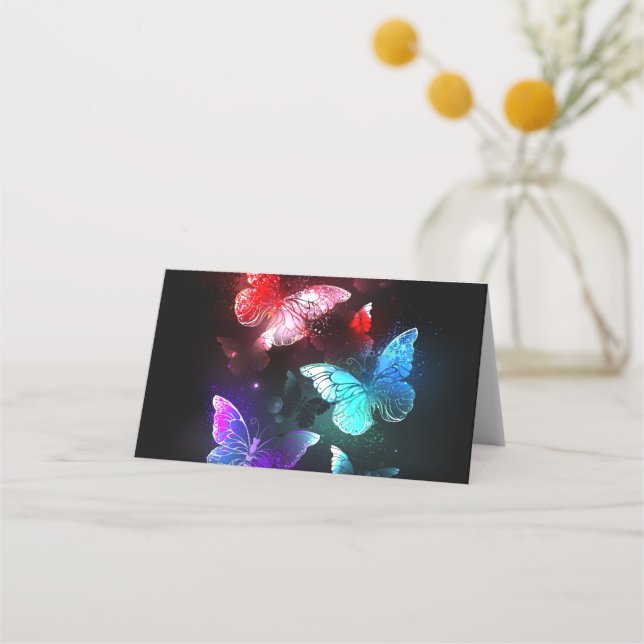 Three Glowing Butterflies on night background Place Card (Front)