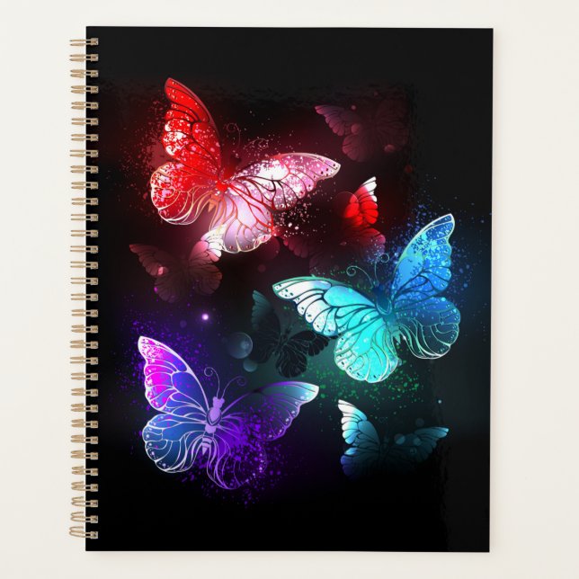 Three Glowing Butterflies on night background Planner (Front)