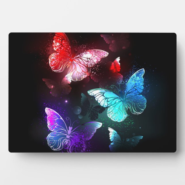 Three Glowing Butterflies on night background Plaque (Front)