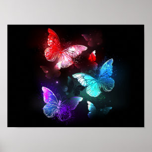 Three Glowing Butterflies on night background Poster
