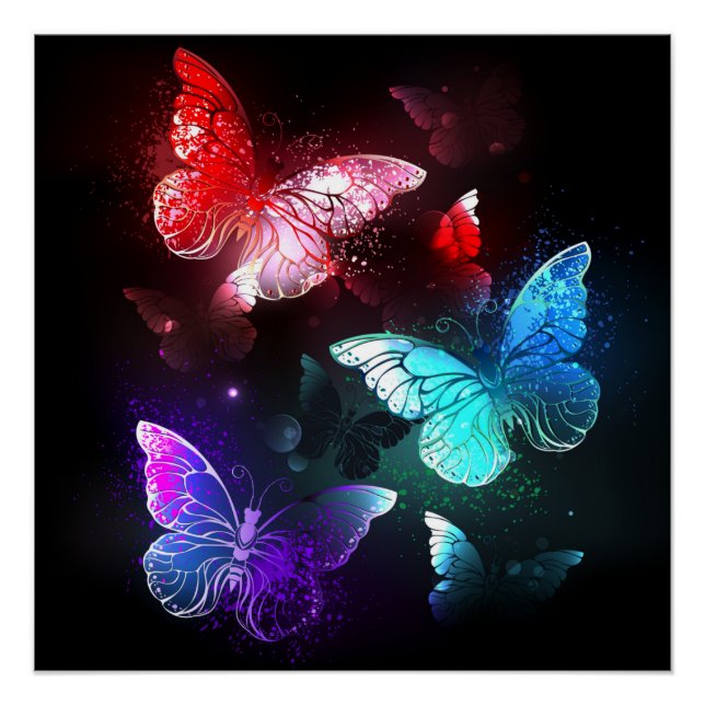 Three Glowing Butterflies on night background Poster (Front)