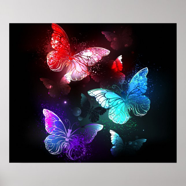 Three Glowing Butterflies on night background Poster (Front)