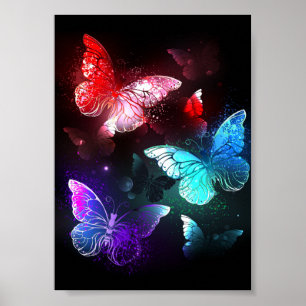Three Glowing Butterflies on night background Poster