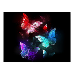 Three Glowing Butterflies on night background Poster