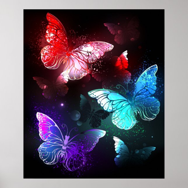 Three Glowing Butterflies on night background Poster (Front)