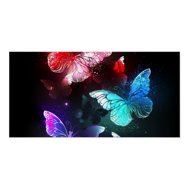Three Glowing Butterflies on night background Poster (Front)