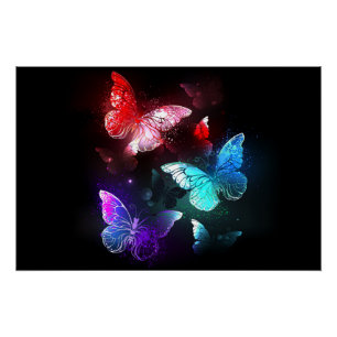 Three Glowing Butterflies on night background Poster
