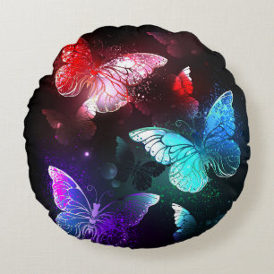 Three Glowing Butterflies on night background Round Pillow