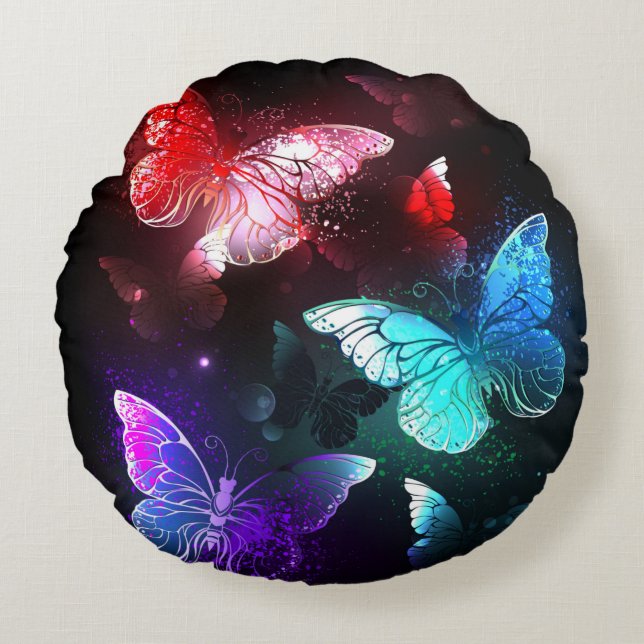 Three Glowing Butterflies on night background Round Pillow (Front)