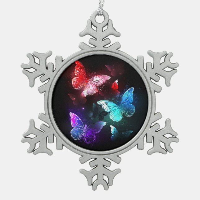 Three Glowing Butterflies on night background Snowflake Pewter Christmas Ornament (Front)