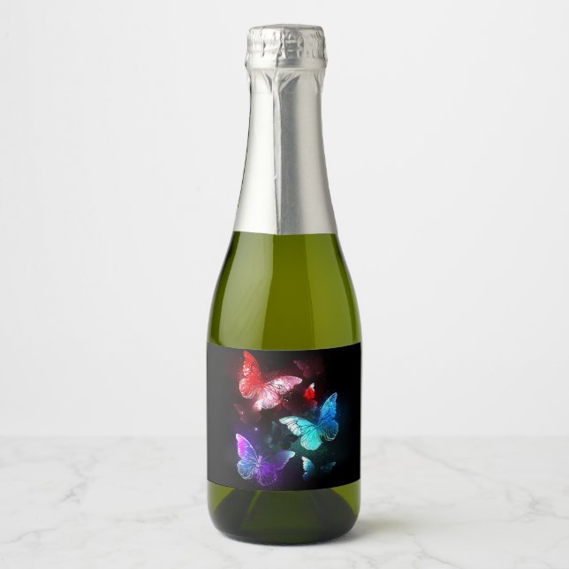 Three Glowing Butterflies on night background Sparkling Wine Label (Front)