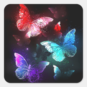 Three Glowing Butterflies on night background Square Sticker