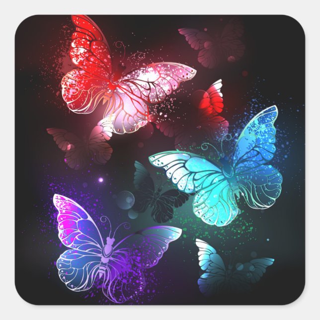 Three Glowing Butterflies on night background Square Sticker (Front)