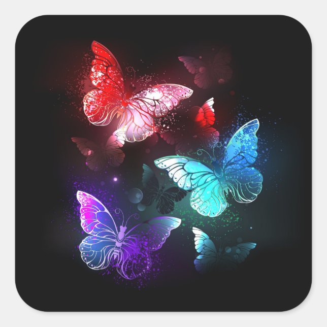 Three Glowing Butterflies on night background Square Sticker (Front)