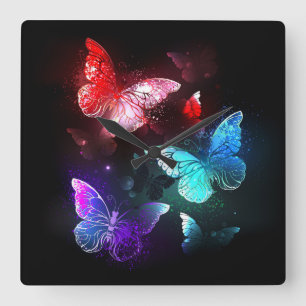 Three Glowing Butterflies on night background Square Wall Clock