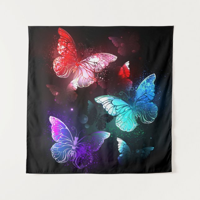 Three Glowing Butterflies on night background Tapestry (Front)