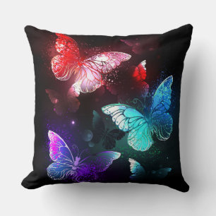 Three Glowing Butterflies on night background Throw Pillow