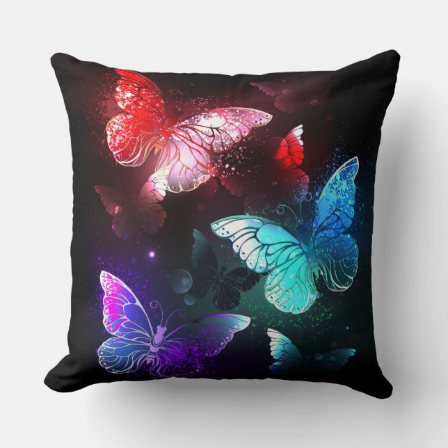 Three Glowing Butterflies on night background Throw Pillow (Front)