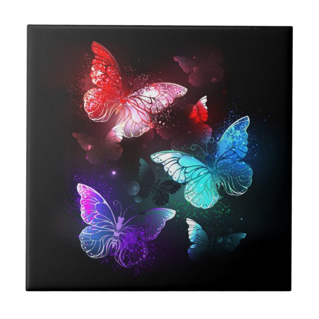 Three Glowing Butterflies on night background Tile (Front)