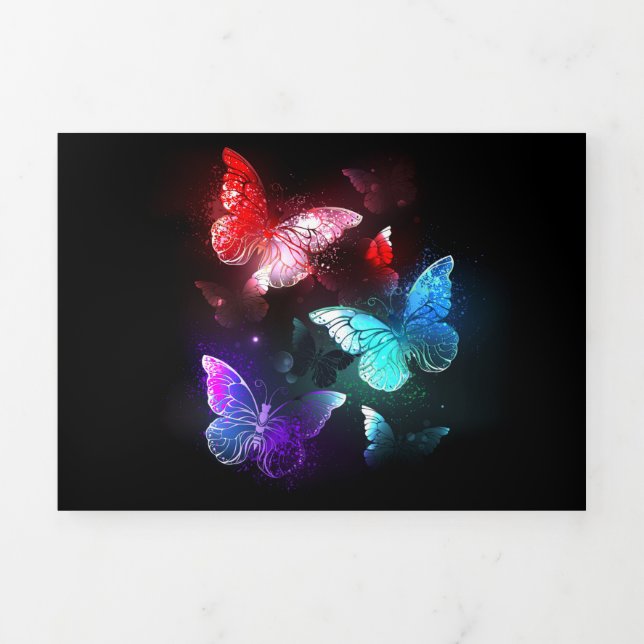 Three Glowing Butterflies on night background Tri-Fold Announcement (Cover)