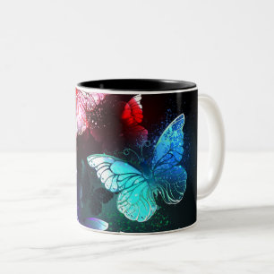 Three Glowing Butterflies on night background Two-Tone Coffee Mug