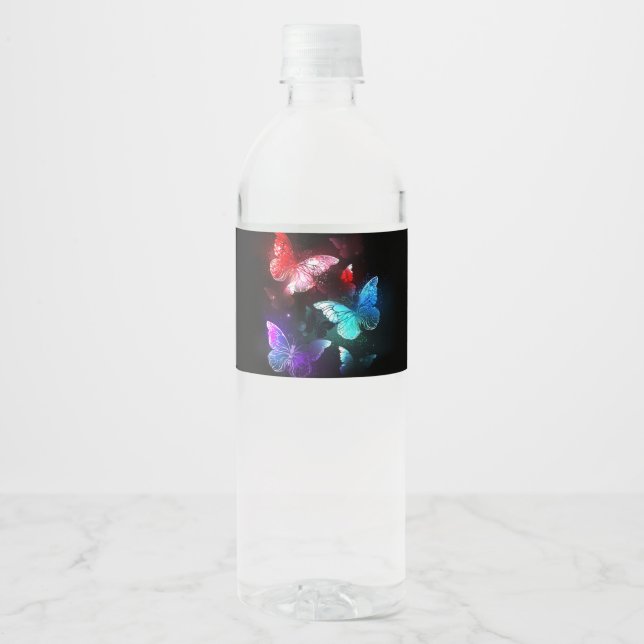 Three Glowing Butterflies on night background Water Bottle Label (Front)