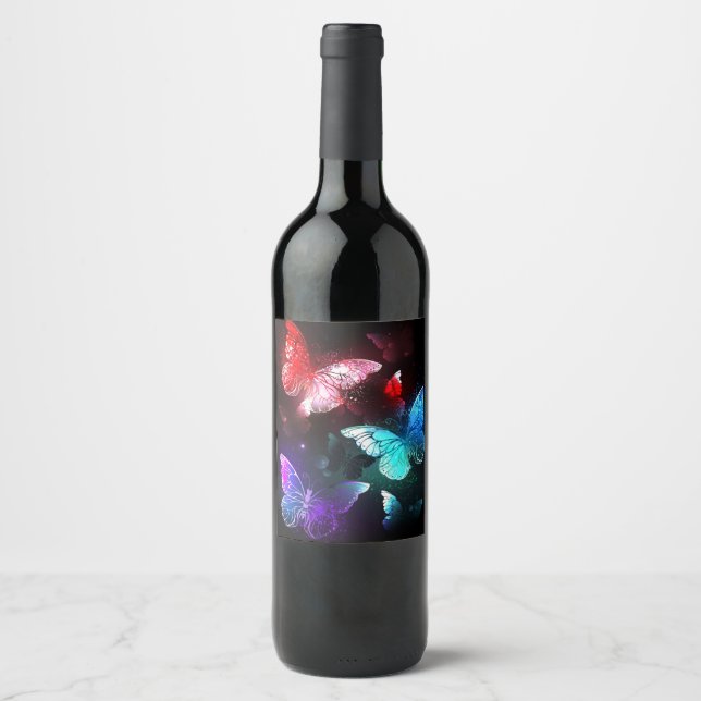 Three Glowing Butterflies on night background Wine Label (Front)