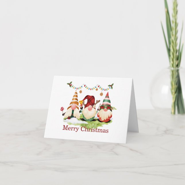 Three Gnome Christmas Elves Holiday Card (Front)