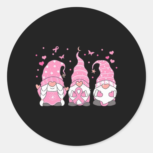 Three Gnome Pink Ribbon Warrior Breast Cancer Awar Classic Round Sticker (Front)