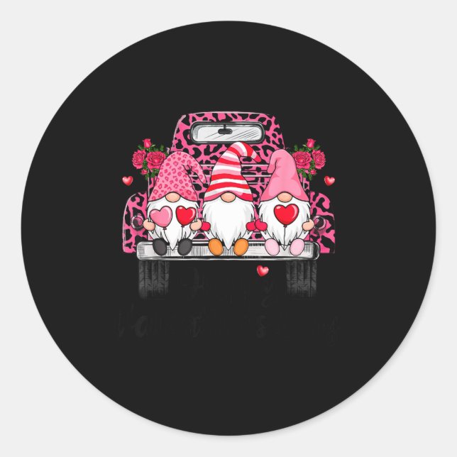 Three Gnomes And Leopard Truck Happy Valentine's D Classic Round Sticker (Front)