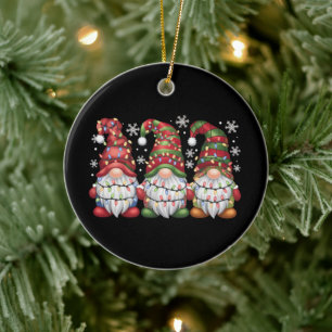 Three Gnomes Buffalo Plaid Red Christmas Ceramic Ornament