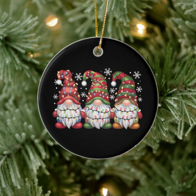 Three Gnomes Buffalo Plaid Red Christmas Ceramic Ornament (Tree)