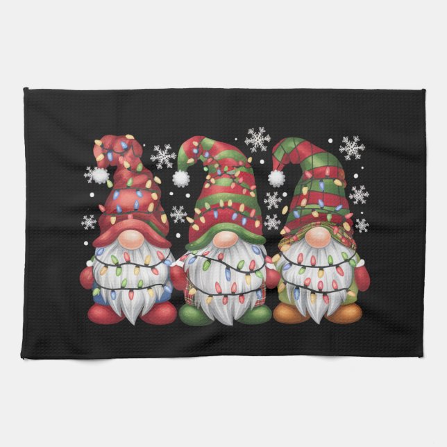Three Gnomes Buffalo Plaid Red Christmas Kitchen Towel (Horizontal)