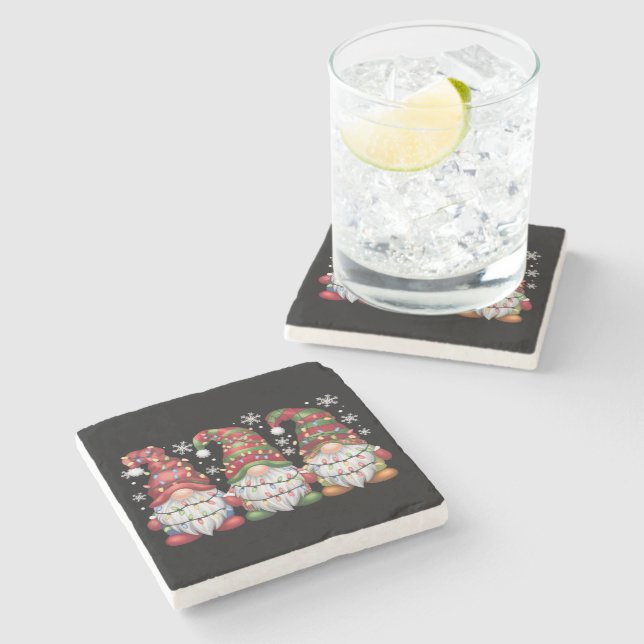 Three Gnomes Buffalo Plaid Red Christmas Stone Coaster (Side)
