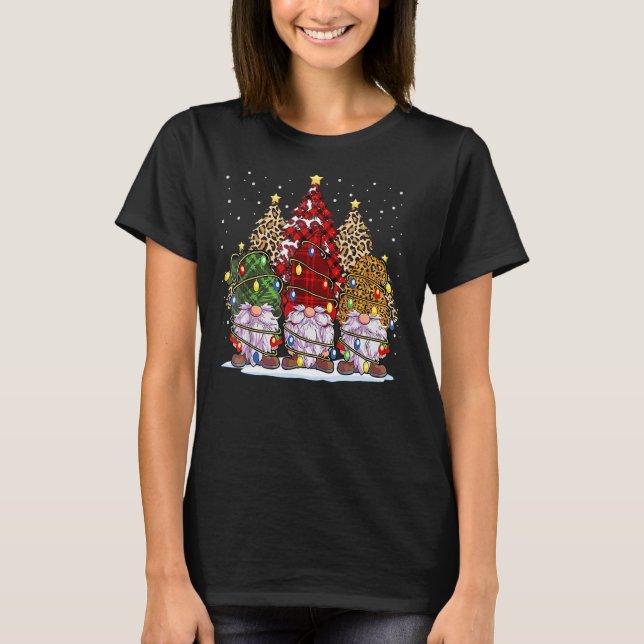 Three Gnomes Buffalo Plaid Red Green Leopard Chris T-Shirt (Front)