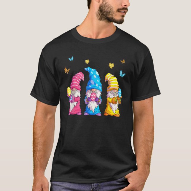 Three Gnomes Bunny Holding Easter Egg Hunting Happ T-Shirt (Front)