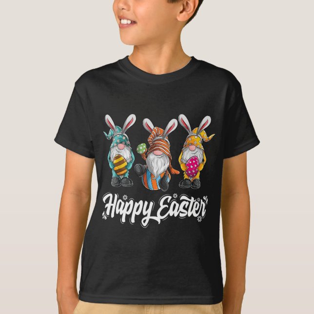 Three Gnomes Bunny Holding Easter Egg Hunting Happ T-Shirt (Front)