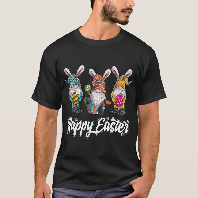 Three Gnomes Bunny Holding Easter Egg Hunting Happ T-Shirt (Front)