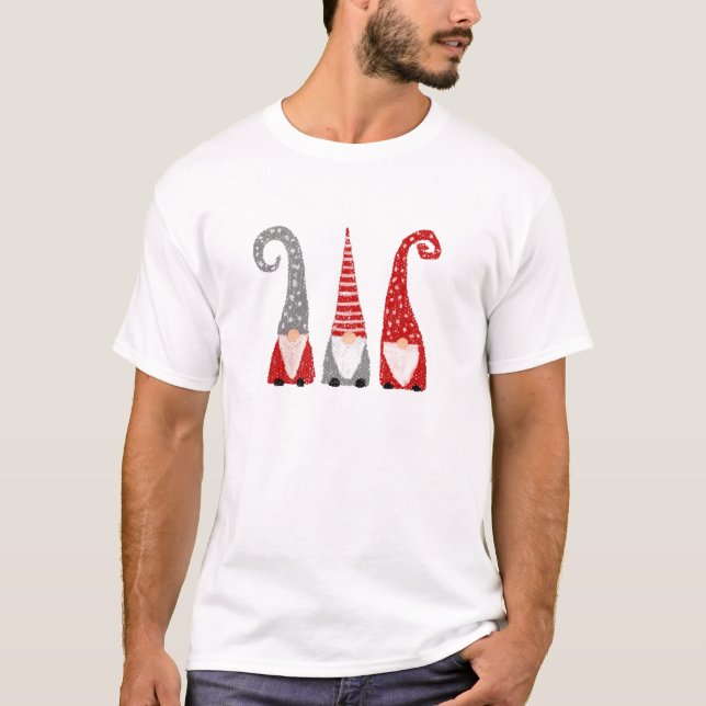 Three Gnomes Christmas Hand Drawn Holiday Funny T-Shirt (Front)