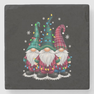 Three Gnomes Christmas Lights Xmas Holiday Stone Coaster